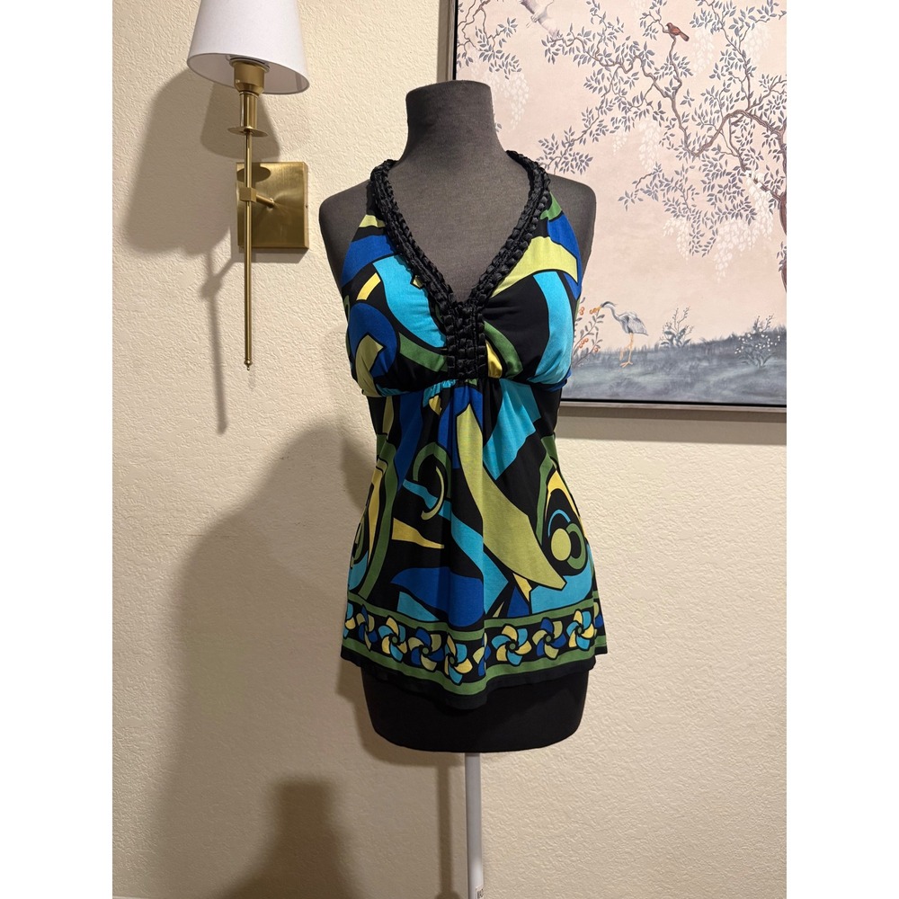 Bisou Bisou Michele Bohbot Halter‎ Top Blue Green Abstract Print Empire Waist M